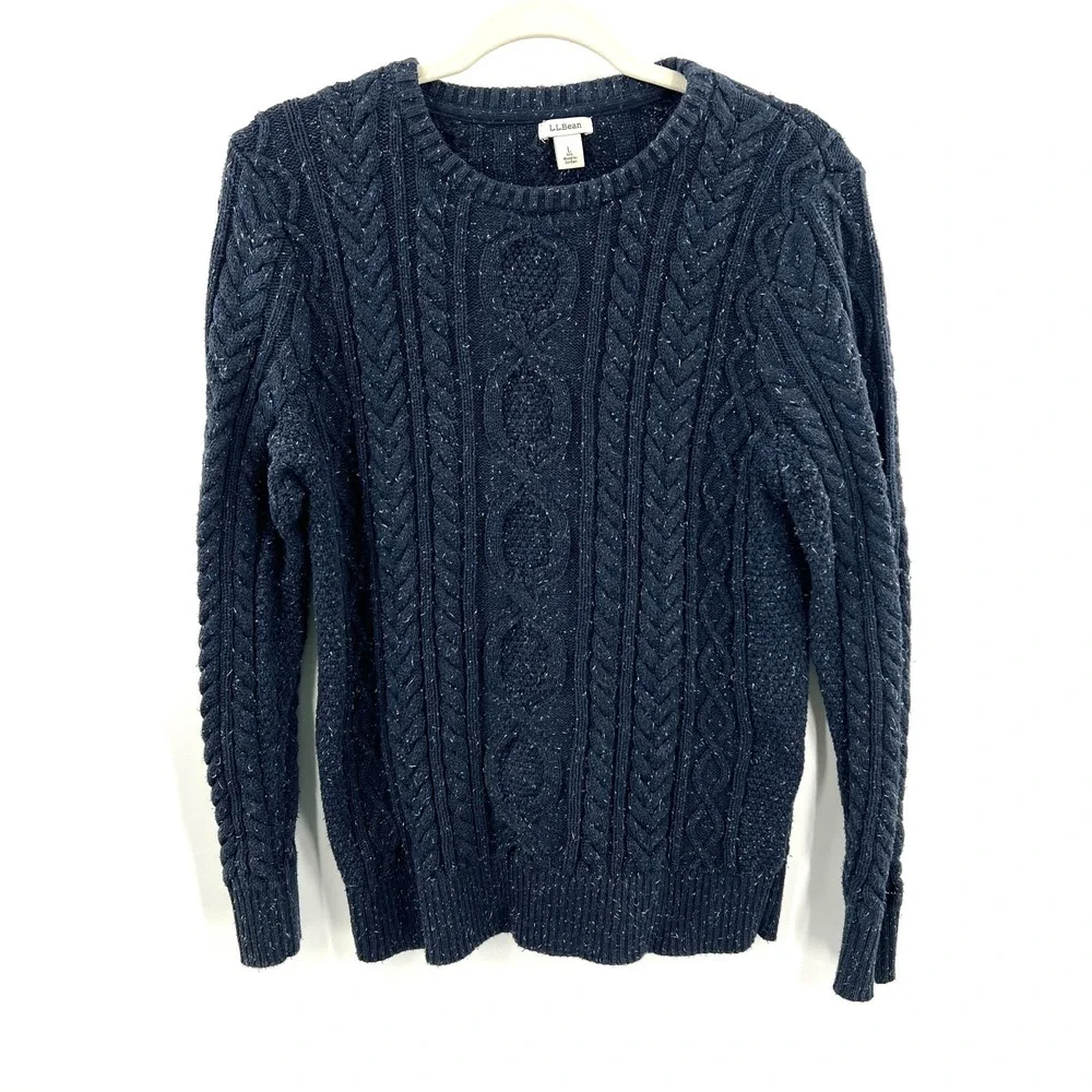 LL Bean classic Navy Blue Sprinkle specked Chunky cable Knit Sweater‎ preppy L